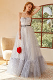 White Polka Dots Long Wedding Guest Dress with Sleeves