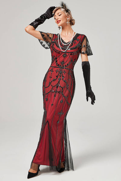 ZAPAKA Women Gatsby Dress Sequins Red Long 1920s Flapper Dress with Short Sleeves, Red / M