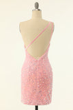 Pink One Shoulder Sequins Tight Homecoming Dress