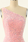 Pink One Shoulder Sequins Tight Homecoming Dress