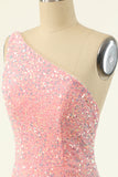 Pink One Shoulder Sequins Tight Homecoming Dress
