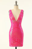 Fuchsia Sequins V-Neck Tight Homecoming Dress