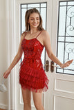 Red Sequin Fitted Homecoming Dress with Fringes