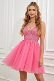 Fuchsia Spaghetti Straps A-Line Backless Short Homecoming Dress