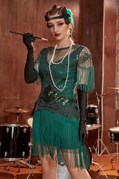 Zapaka Women 1920s Dress Dark Green Bateau Neck Gatsby Dress With