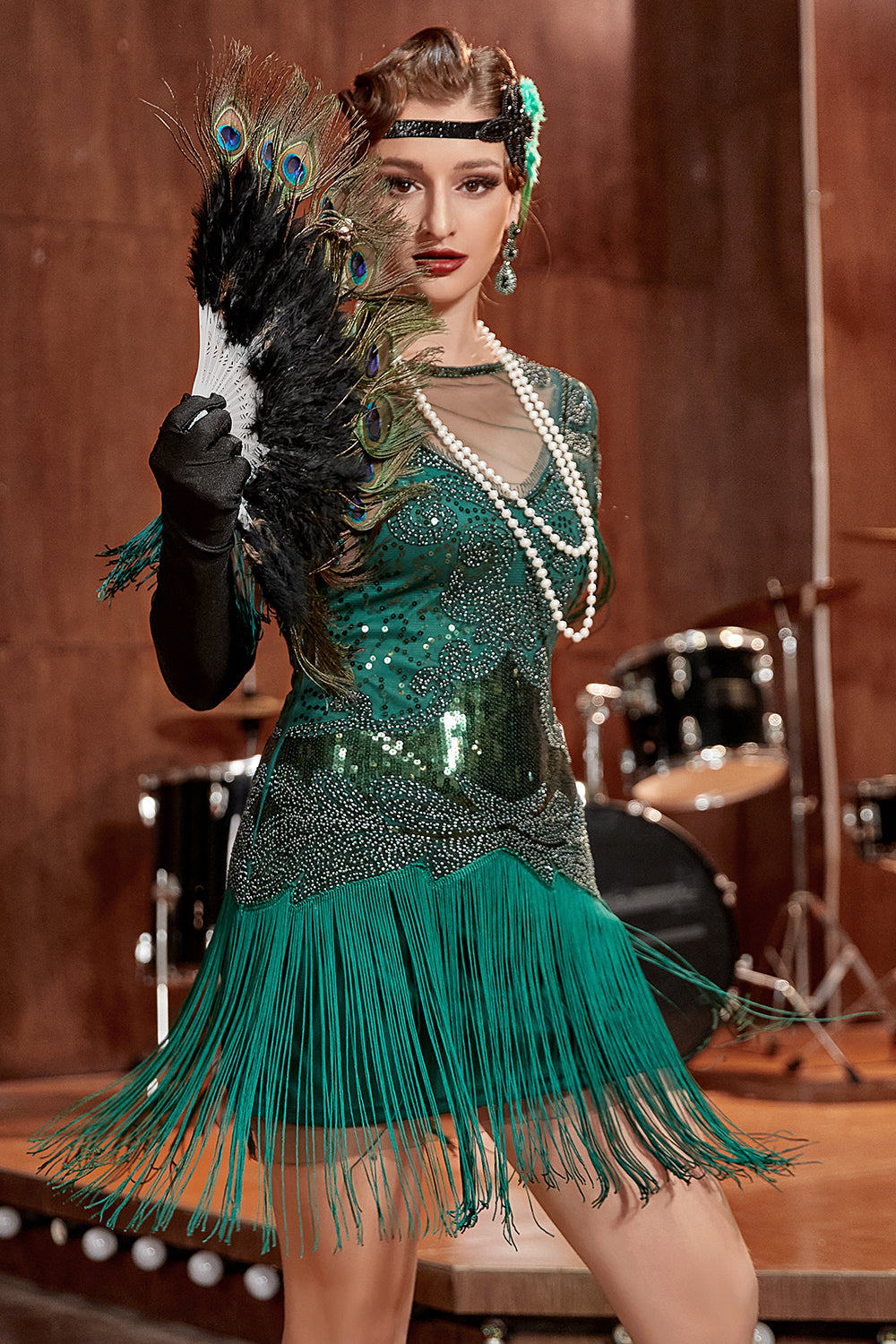 Rose Golden Bateau Neck 1920s Gatsby Dress With Fringes