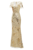 Golden V-Neck Short Sleeves Long Formal Evening Dress