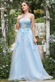 Sky Blue A Line One Shoulder Long Prom Dress with Appliques