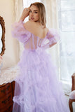 A Line Off the Shoulder Purple Corset Plus Size Prom Dress with Bowknot