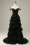 Black Off The Shoulder Tiered Prom Dress