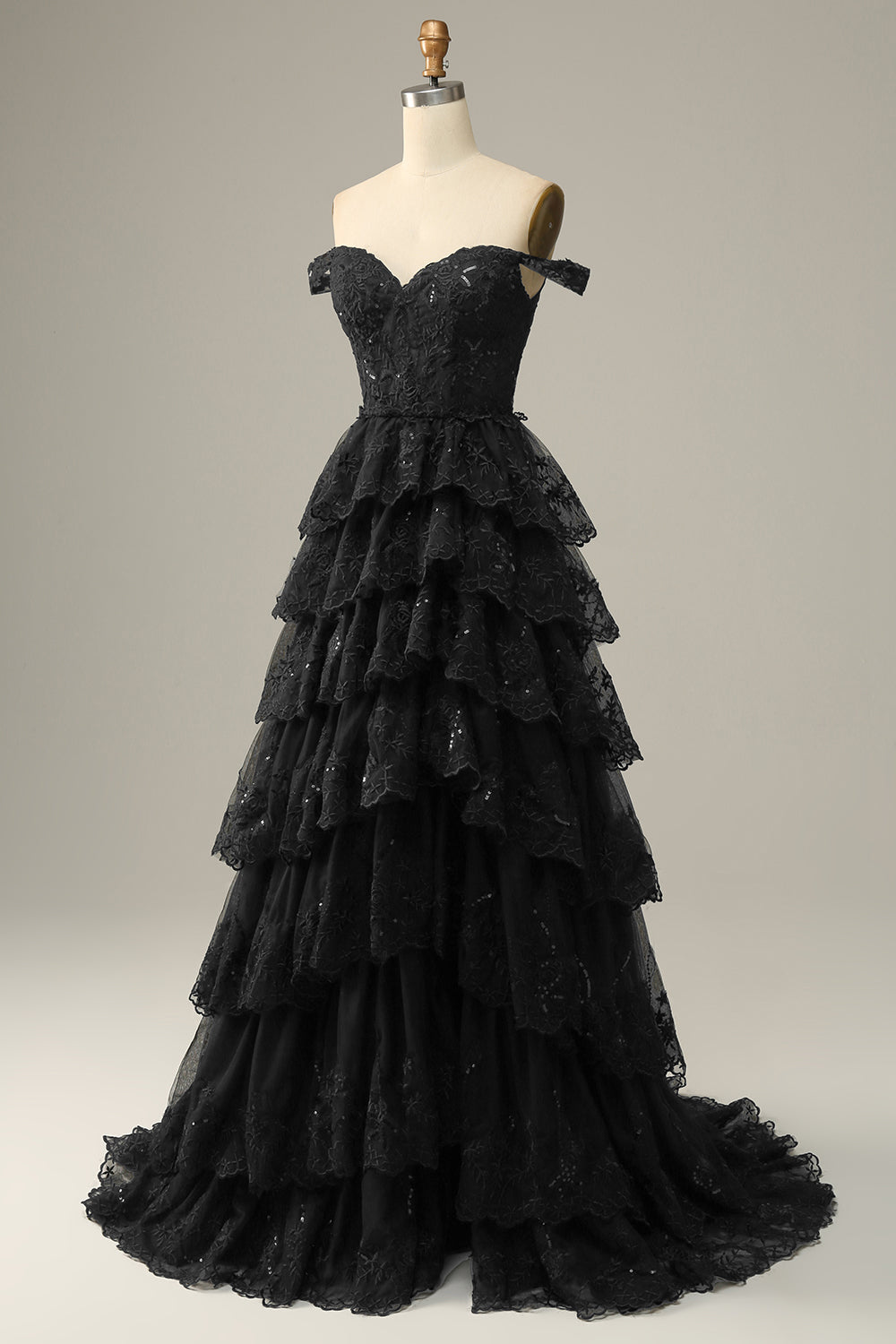 Sparkly A Line Black Off The Shoulder Corset Sequin Tiered Prom Dress with Slit