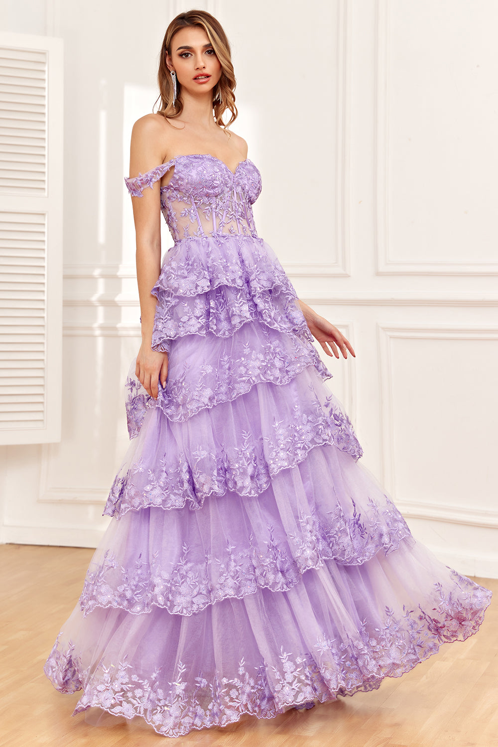 Sparkly Black Pink Tiered Lace A-Line Long Prom Dress with Slit