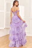 Sparkly Black Pink Tiered Lace A-Line Long Prom Dress with Slit