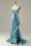 Sky Blue Sweetheart Sequined Mermaid Prom Dress With Feathers