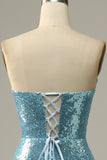 Sky Blue Sweetheart Sequined Mermaid Prom Dress With Feathers