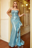 Sky Blue Strapless Sequins Plus Size Prom Dress with Feathers