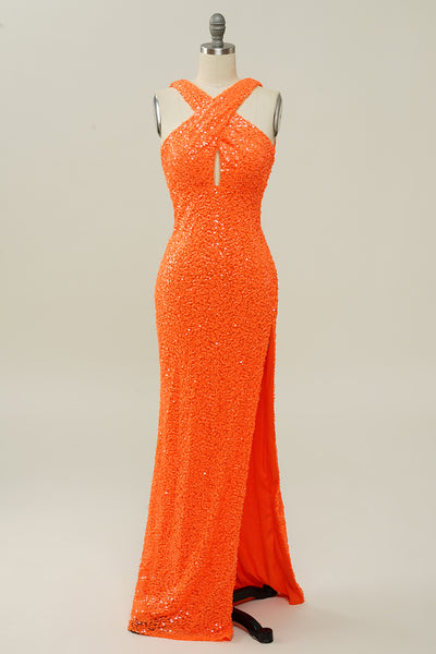Zapaka Women Prom Dress Sequined Orange Halter Backless Mermaid Evening  Dress – ZAPAKA
