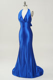 Royal Blue Halter Lace Up Backless Prom Dress
