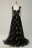 A Line Spaghetti Straps Black Corset Prom Dress with Embroidery