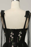 A Line Spaghetti Straps Black Corset Prom Dress with Embroidery