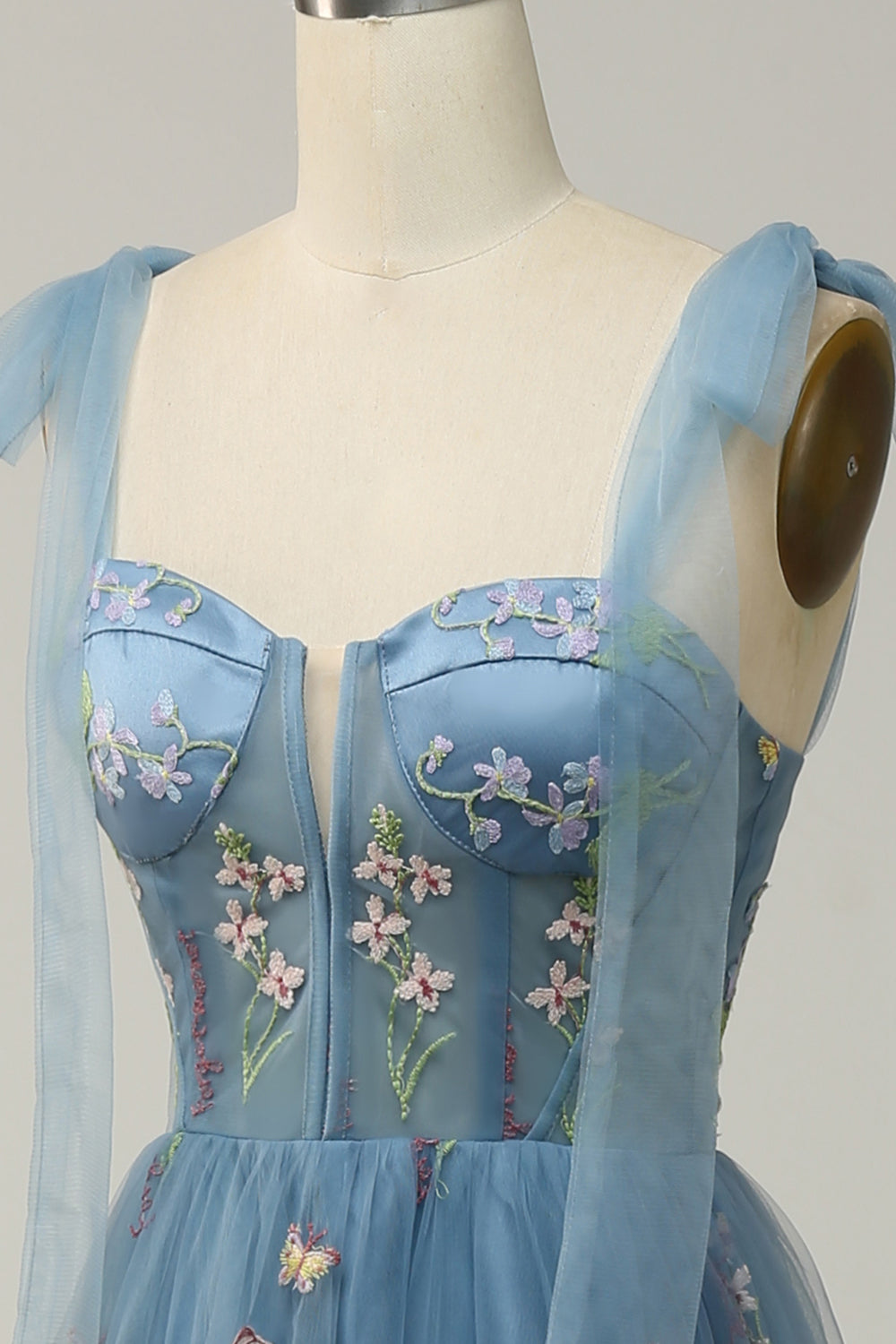 Grey Blue Tulle A Line Corset Prom Dress with Embroidery