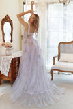 Lavender Tulle A Line Corset Plus Size Prom Dress with Embroidered