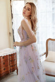 Lavender Tulle A Line Corset Plus Size Prom Dress with Embroidered