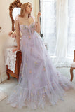 A Line Spaghetti Straps Black Corset Prom Dress with Embroidery