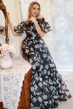 Black Print Off Shoulder Plus Size Prom Dress