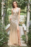 Mermaid Deep V Neck Golden Long Prom Dress with Silt
