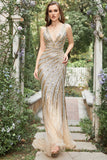 Mermaid Deep V Neck Golden Beading Long Prom Dress with Split Front