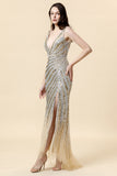 Sheath Deep V Neck Golden Beaded Evening Wear with Silt