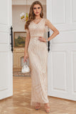 Sheath V Neck Light Khaki Formal Party Dress with Beading