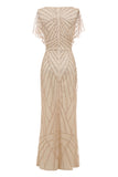 Sheath V Neck Light Khaki Formal Party Dress with Beading