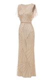 Sheath V Neck Light Khaki Formal Party Dress with Beading