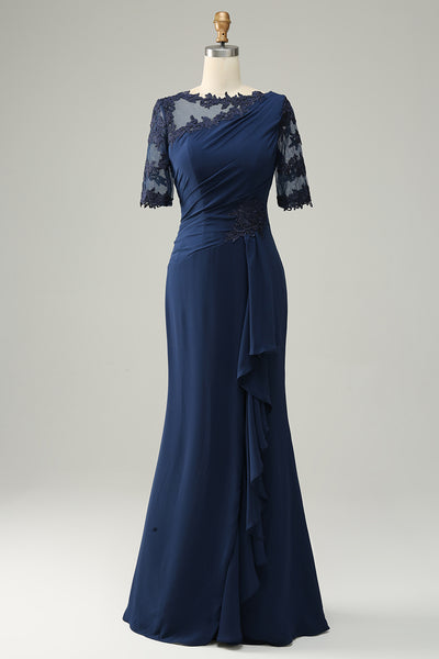 mother of the bride dresses navy blue ZAPAKA Women Navy Mother of Bride Dress Sheath Short Sleeves Wedding Party Dress with Appliques, Navy / US18W