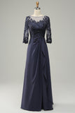 Long Sleeves Blue Mother of Bride Dress with Appliques