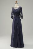 Long Sleeves Blue Mother of Bride Dress with Appliques