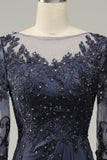 Long Sleeves Blue Mother of Bride Dress with Appliques
