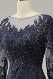 Long Sleeves Blue Mother of Bride Dress with Appliques