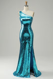 Sparkly Blue Sequins One Shoulder Long Prom Dress with Slit