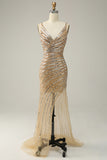 Sheath V Neck Golden Sequins Long Prom Dress with Open Back