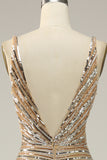 Sheath V Neck Golden Sequins Long Prom Dress with Open Back