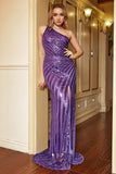Purple One Shoulder Sequin Long Prom Dress wirh Slit