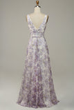 Iovry Purple Printed V-Neck Prom Dress With Slit