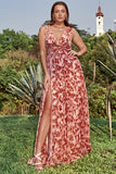 A Line V Neck Deep V Neck Rust Printed Plus Size Prom Dress with Split Front