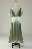 A Line Deep V Neck Light Green Bridesmaid Dress with Half Sleeves