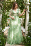 A-Line V-Neck Embroidery Green Long Prom Dress with Short Sleeves