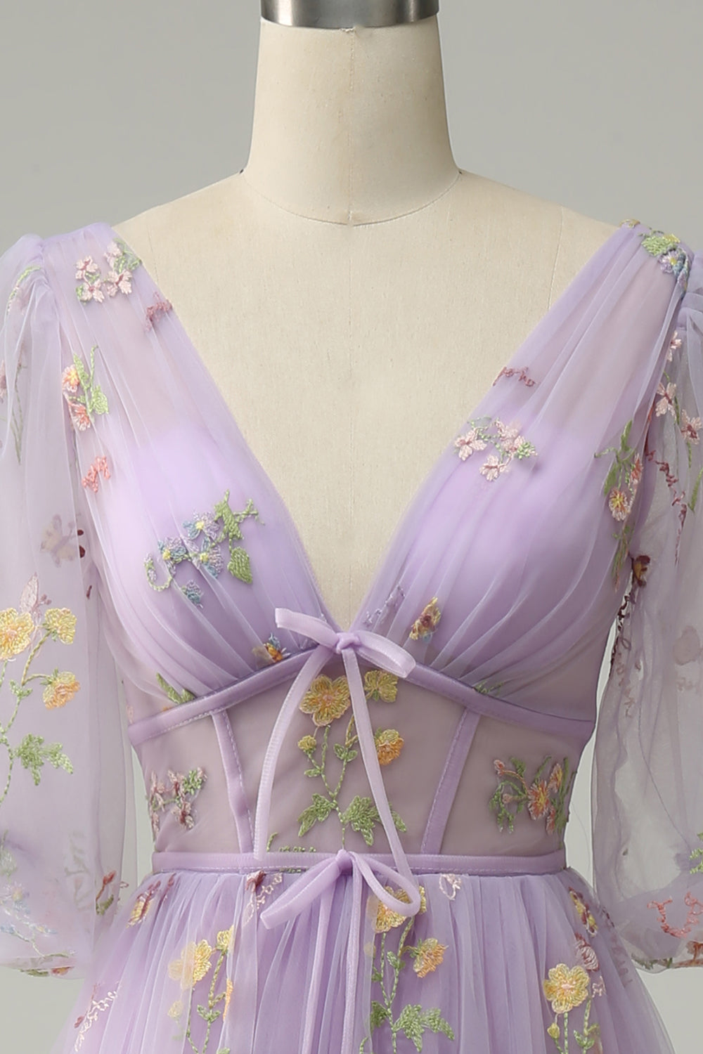 A-Line V-Neck Embroidery Lavender Long Prom Dress with Short Sleeves