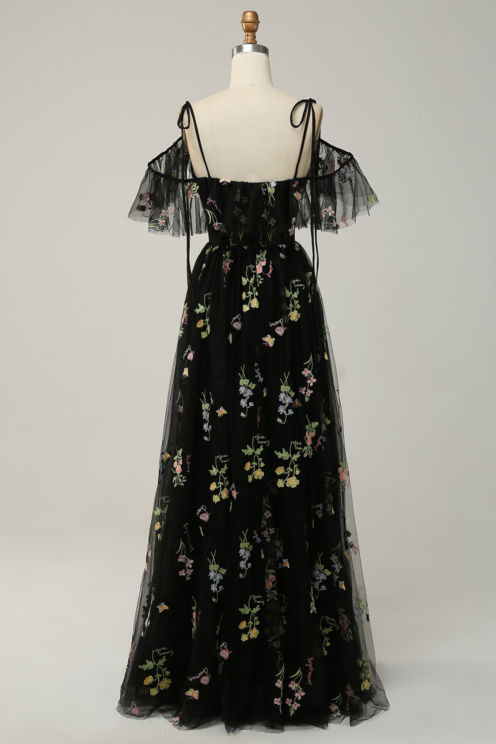 A-Line V-Neck Spaghetti Straps Embroidery Black Long Prom Dress with Slit